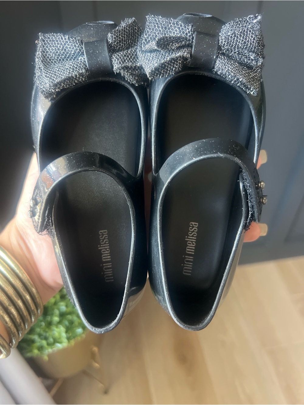 Mini Melissa Black Glitter Bow Mary Jane Flats